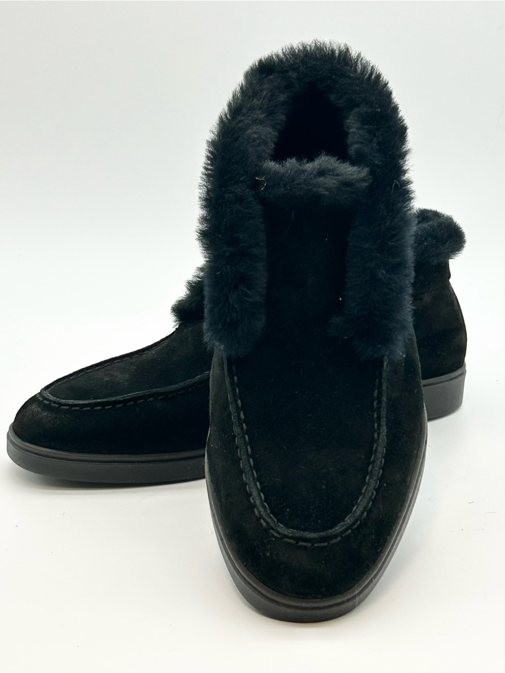 Santoni Black Suede Fur-Trim Ankle Booties size 37.5